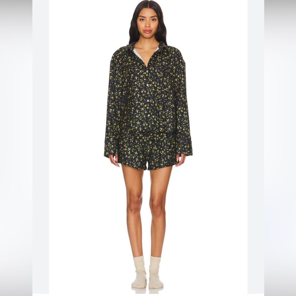 Free People Early Morning Black Floral Print Cotton Shorts Pajama Set Large NWT